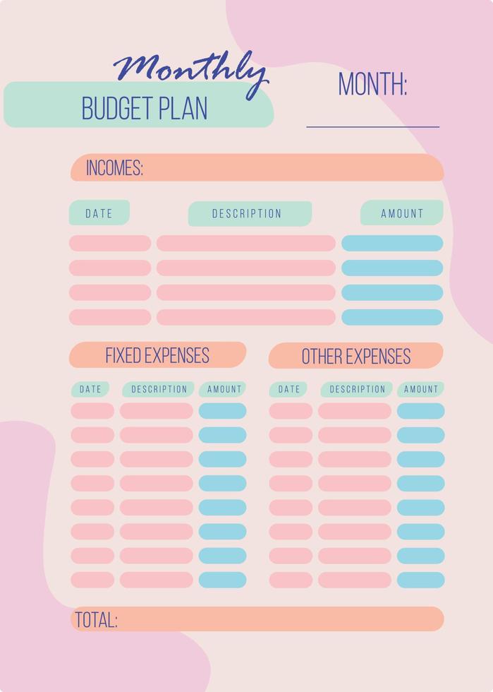 Personal monthly budget planner in a4 format. vector