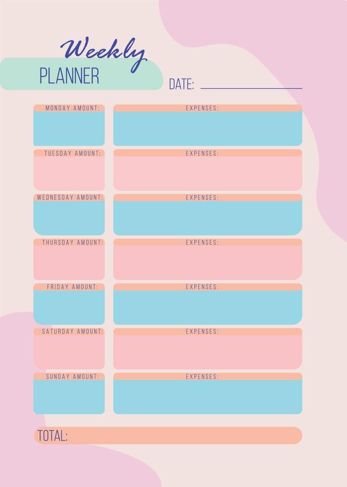 Personal weekly budget planner in a4 format. vector