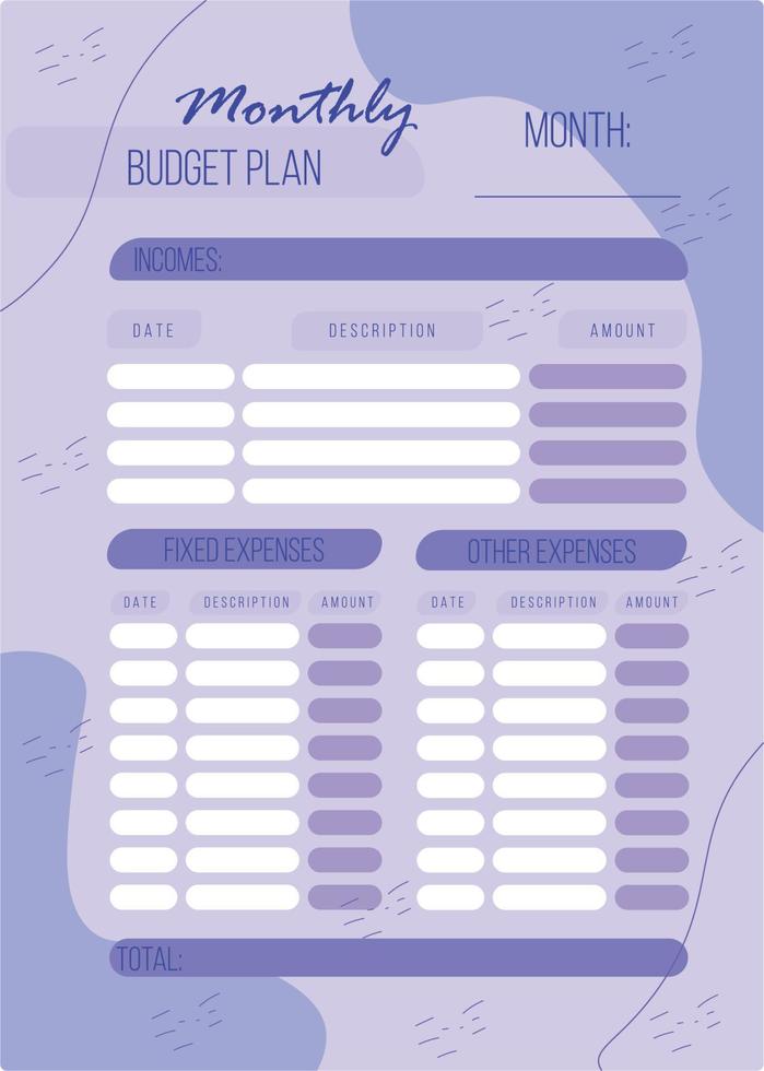 Personal monthly budget planner in a4 format. vector