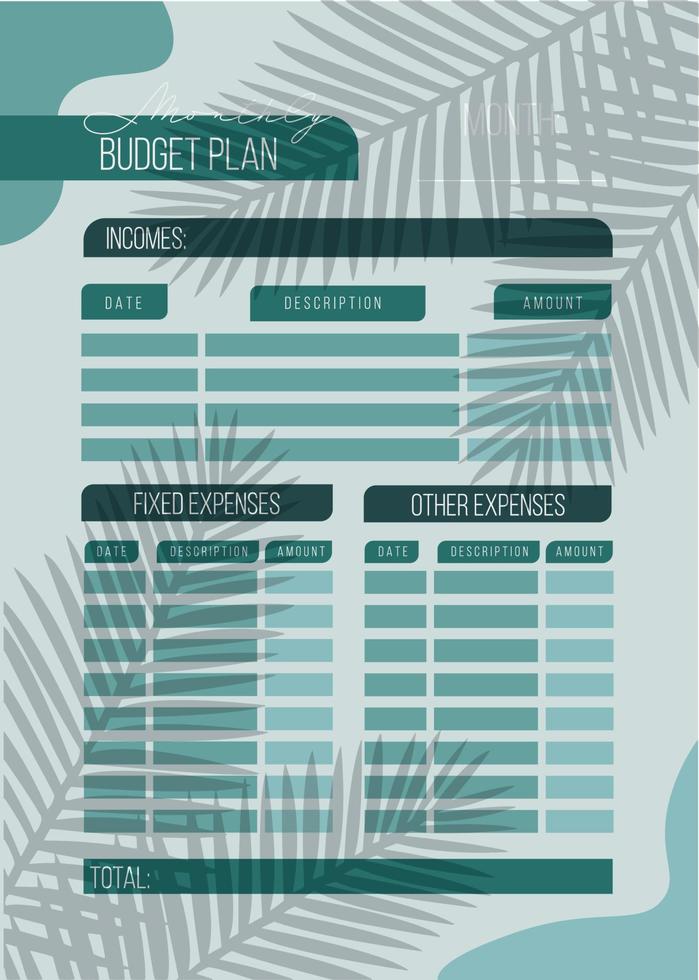 Personal monthly budget planner in a4 format. vector