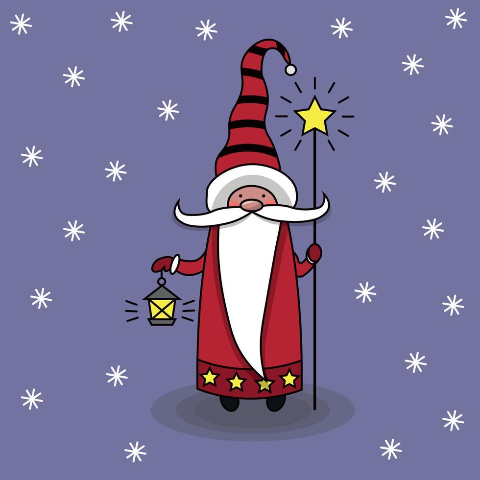 Winter card of cute gnome on snow background, flat design vector