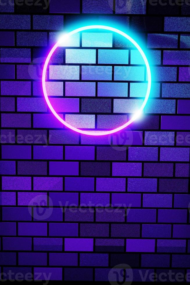 3D render showing purple neon lights on brick wall background photo