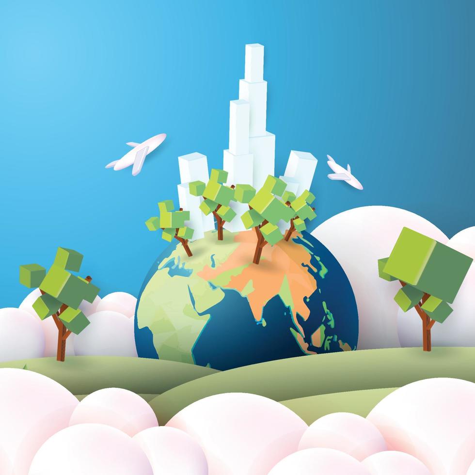 world water day concept paper art ecological environment planet green and city vector