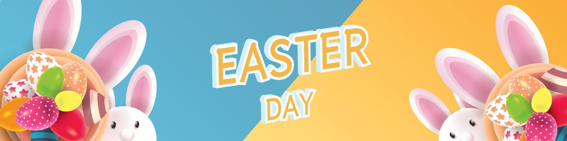 happy easter day yellow backgroung with banny poster eggs sweet vector