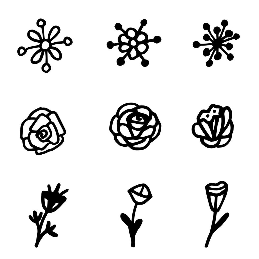 conjunto de flores de dibujos animados de fideos vectoriales simples dibujados a mano. dibujo de contorno negro vectorial. vector