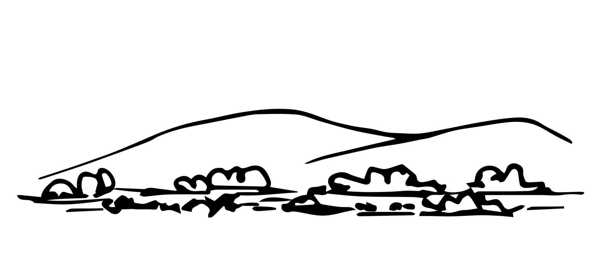 Simple hand-drawn black outline vector sketch. Nature, landscape. Hills, mountains on the horizon, stones, bush, grass in the foreground.