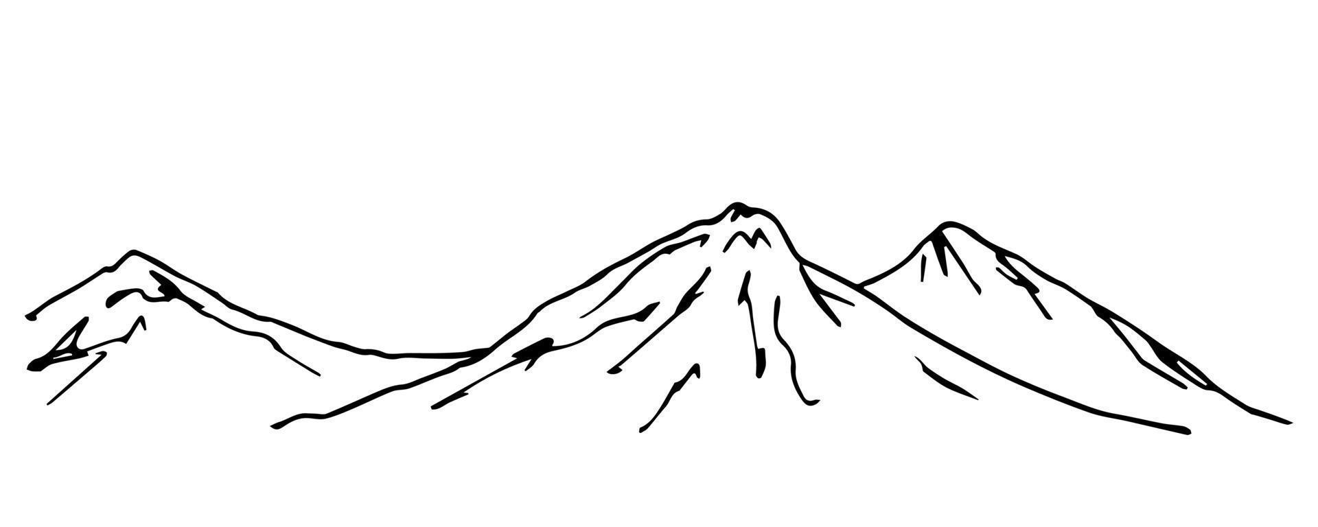 Hand-drawn simple vector drawing. Horizontal mountain landscape, nature of mountainous countries. Wildlife of the north. Panoramic sketch in ink.