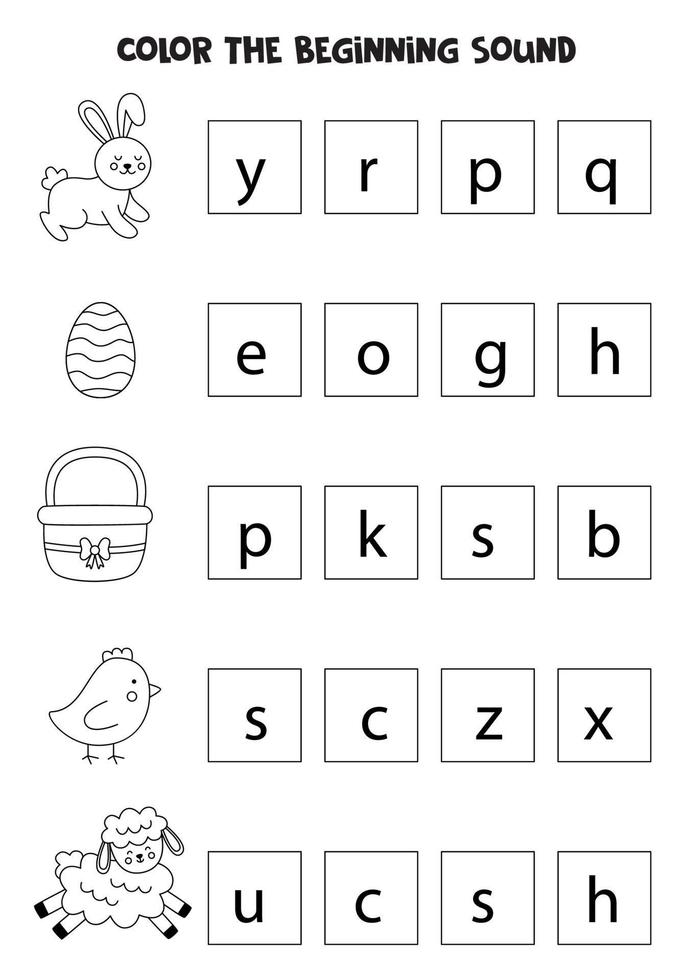 Learning English language for children. Color the beginning sound. vector