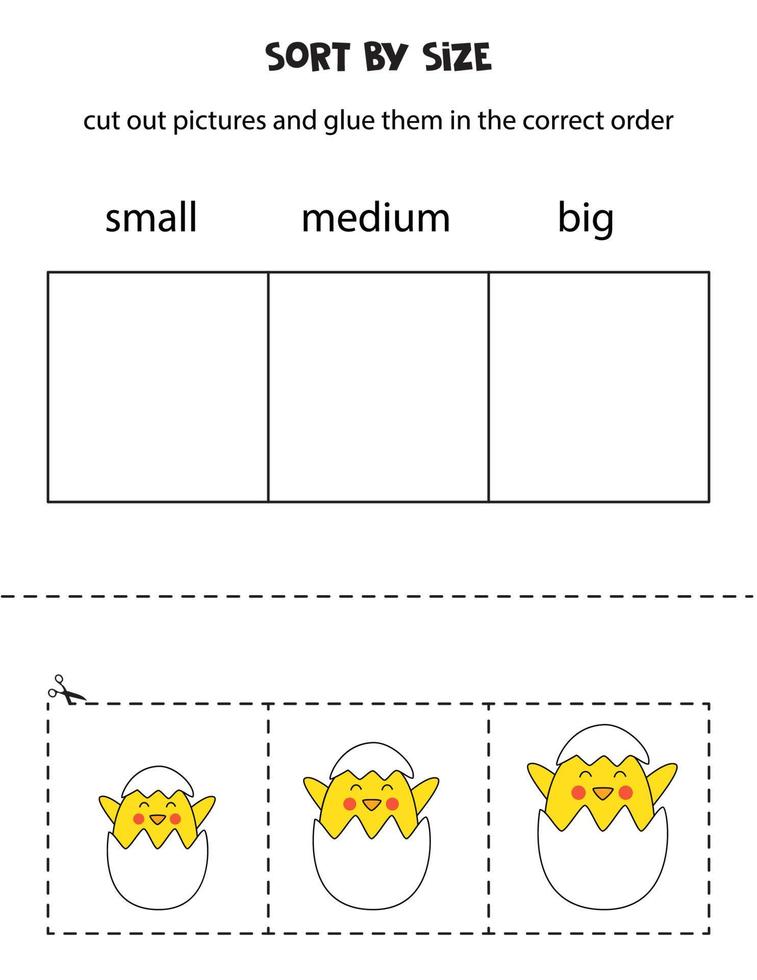 Sort Easter chickens by size. Educational worksheet for kids. vector