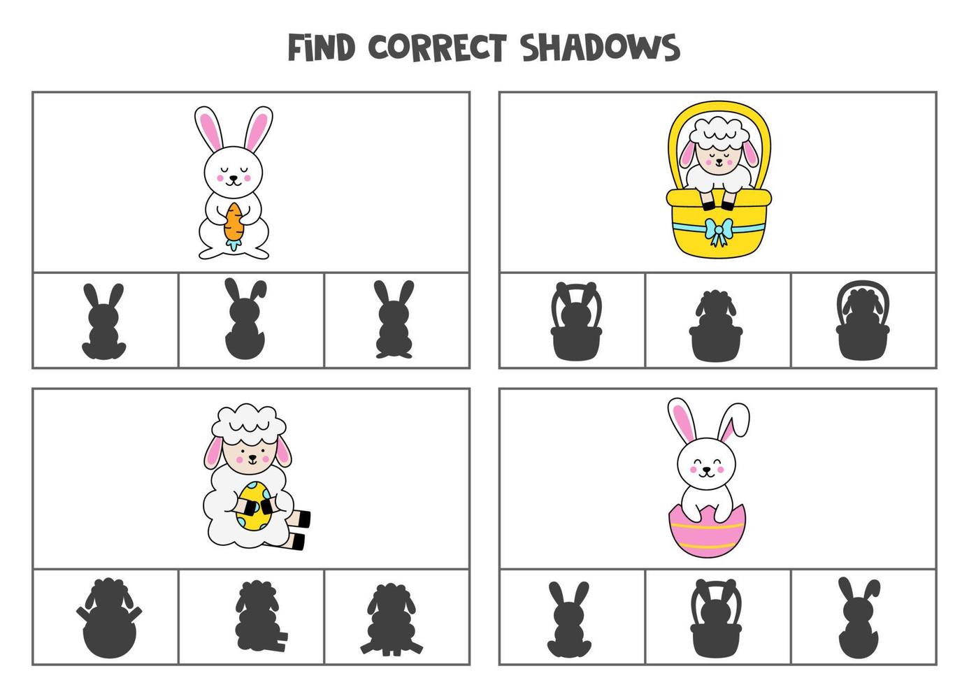 Find correct shadow of Easter rabbits and lambs. Printable clip card games for children. vector