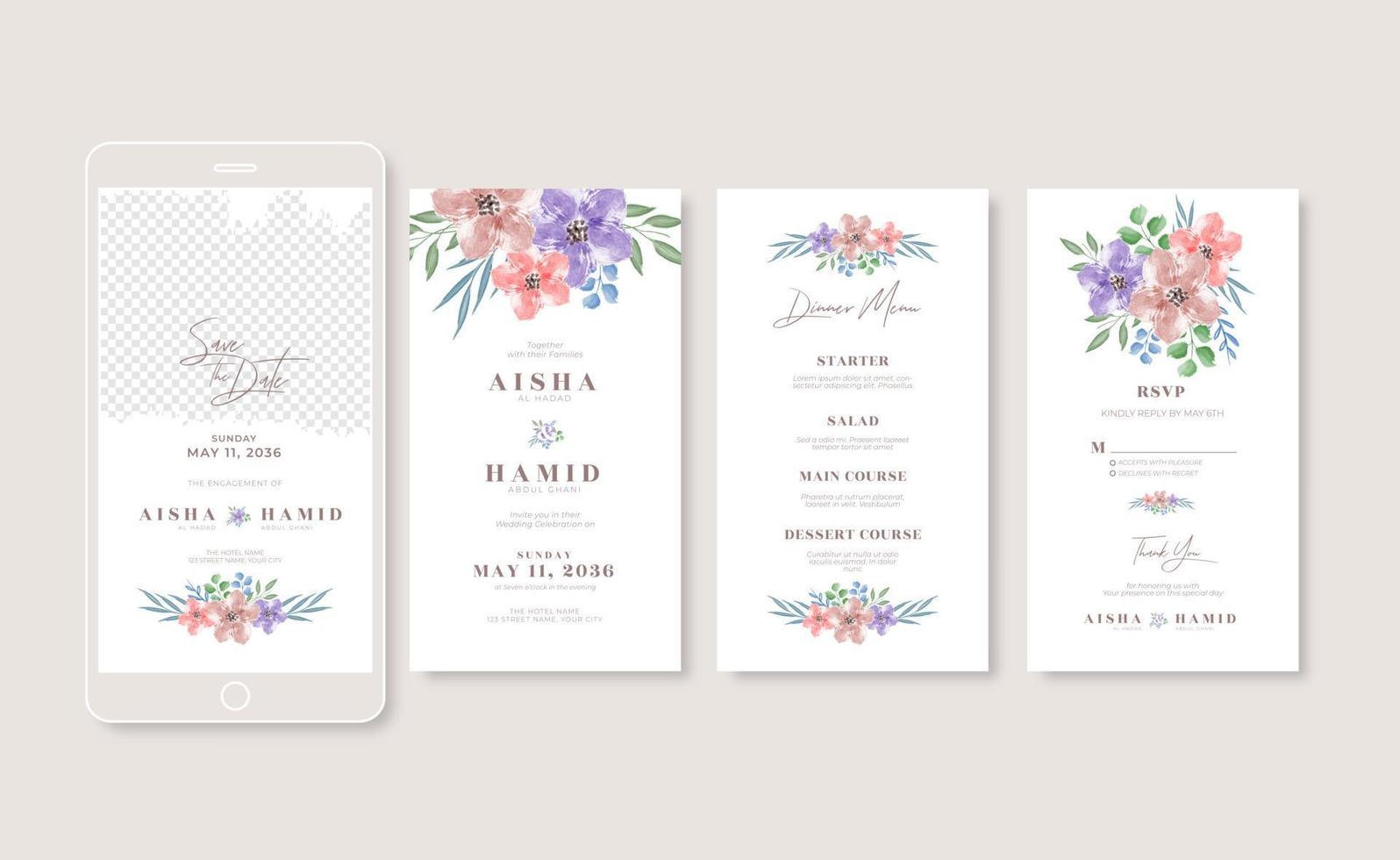 historias de redes sociales de bodas con hermosas acuarelas florales vector