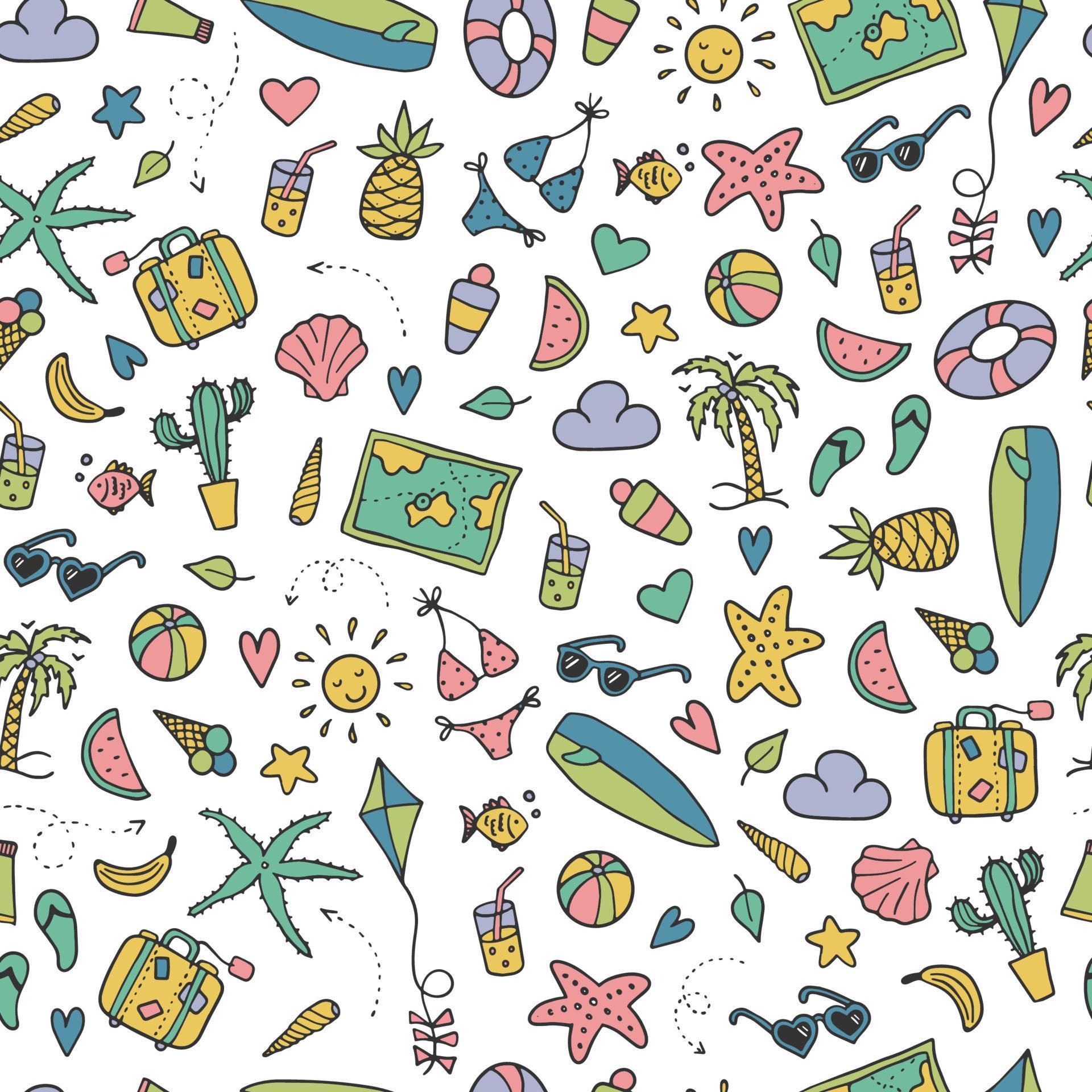 summer seamless pattern with hand drawn doodles on white background
