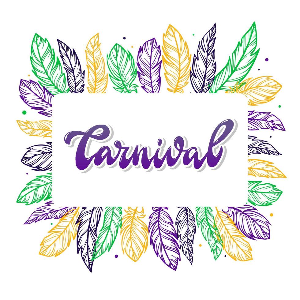 creative lettering quote 'Carnival' decorated with feathers on white background. Brazilian, Mardi Gras theme. Poster, banner, print, invitation, greeting card design. Festive typography. EPS 10 vector