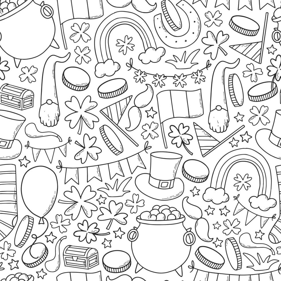St. Patrick's day seamless pattern with hand drawn doodles. Good for product package, wallpaper, wrapping paper, coloring pages, backgrounds, etc. EPS 10 vector