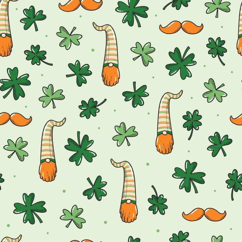 st. Patrick's day seamless pattern decorated with doodles of clover leaves and gnomes. Good for wrapping paper, scrapbooking, textile prints, wallpaper, etc. EPS 10 vector