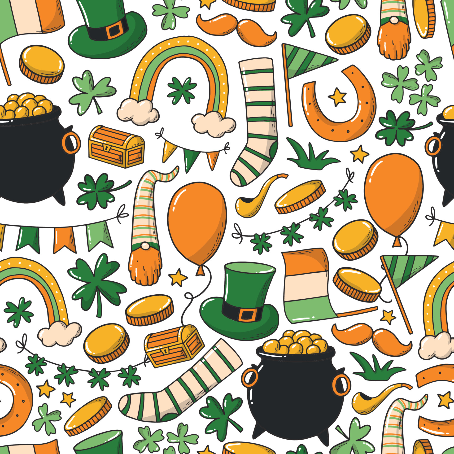 St. Patrick's day seamless pattern with doodles on white backgrond