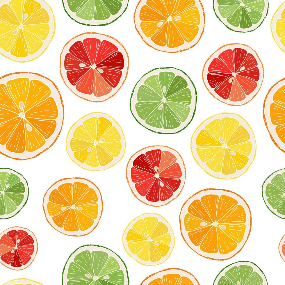 cute seamless pattern of lemon, orange, grapefruit and lime slices on white background. perfect for textile prints, wallpaper, healthy food product packaging, scrapbooking, stationery, wrapping paper. vector