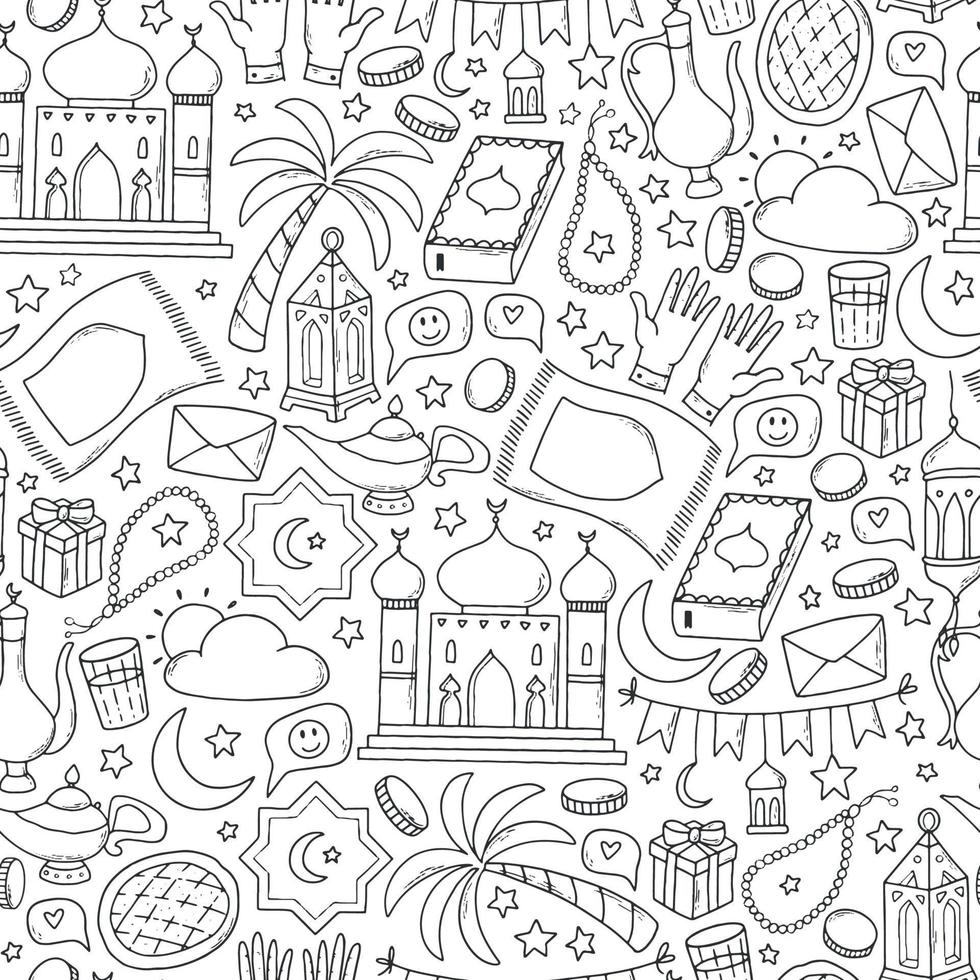 Ramadan monochrome seamless pattern with hand drawn doodles. Good for wrapping paper, scrapbooking, wallpaper, coloring pages, packaging, etc. EPS 10 vector