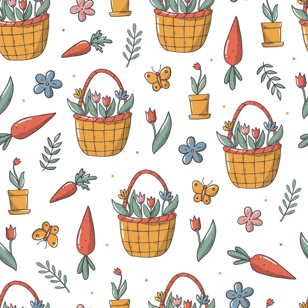 Spring, Easter seamless pattern with hand drawn doodles. Grdening theme. Wrapping paper, textile print, wallpaper, background, packaging, etc. EPS 10 vector