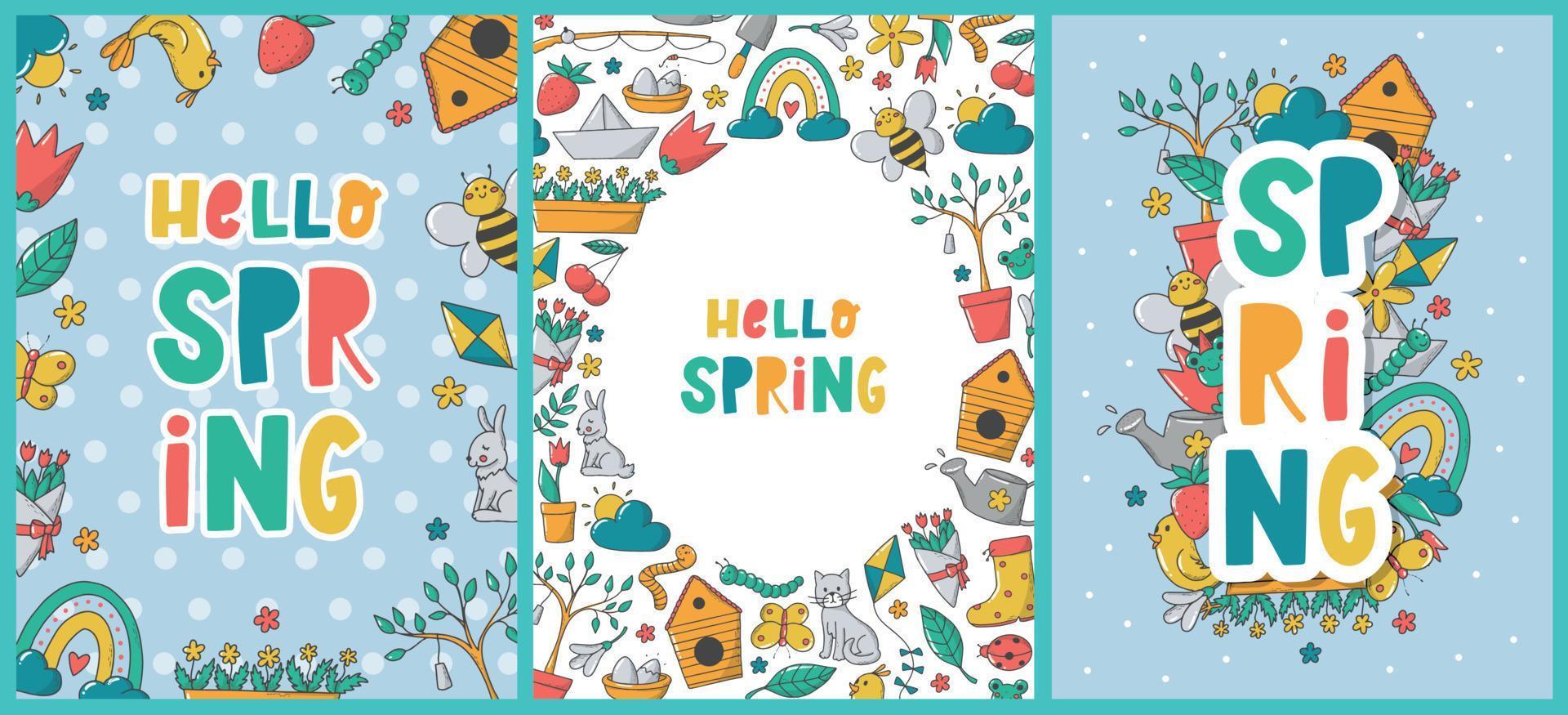 set of 3 Spring greeting cards, posters, prints decorated with lettering quotes and doodles. Good for easter templates, invitations, banners, etc. EPS 10 vector