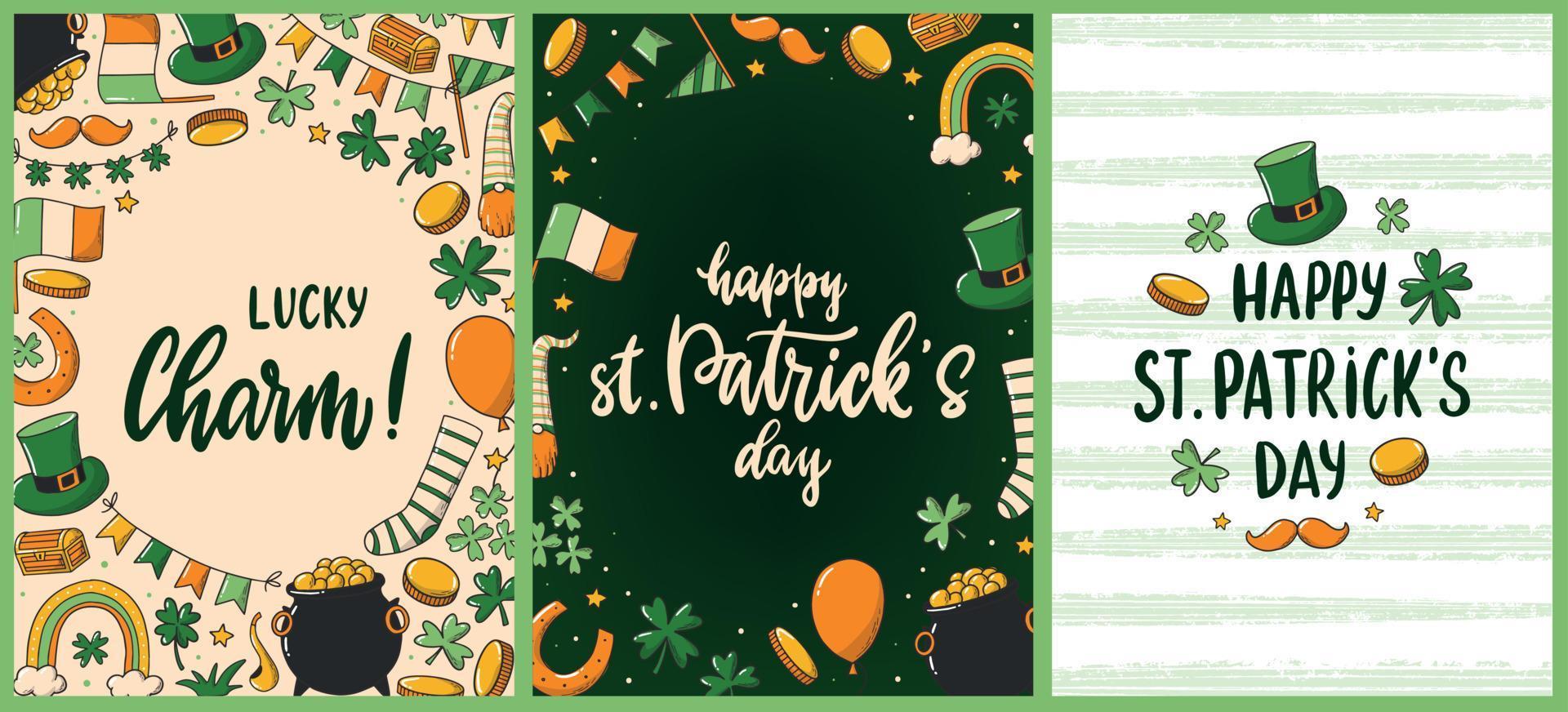 set of three st. Patrick's day cards, posters, prints, banners decorated with lettering quotes, doodles. Good for invitations, templates, etc. EPS 10 vector