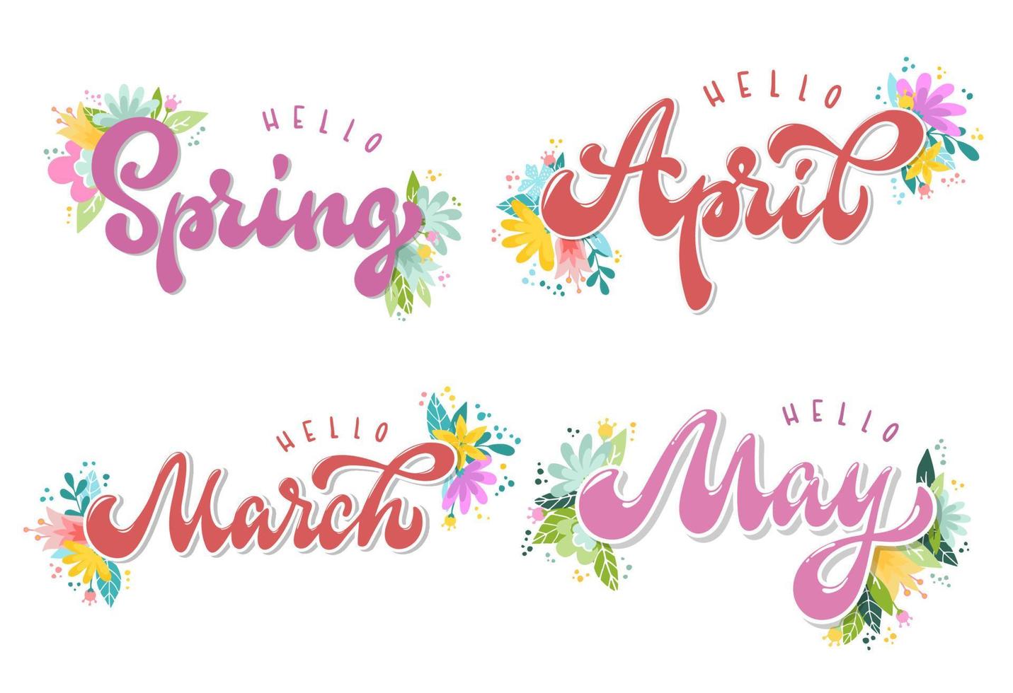 set of hand lettering spring month March, April, May, Spring decorated with flowers on white background. Poster, print, calendar, card, sticker, etc. Festive typography inscription. EPS 10 vector