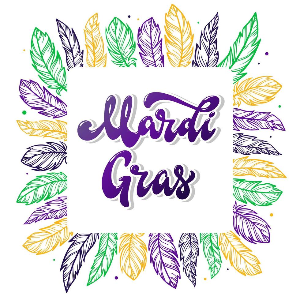 cute lettering quote 'Mardi Gras' decorated with feathers on white background. Good for posters, banners, prints, invitations, greeting cards, etc. Festive typography inscription. EPS 10 vector