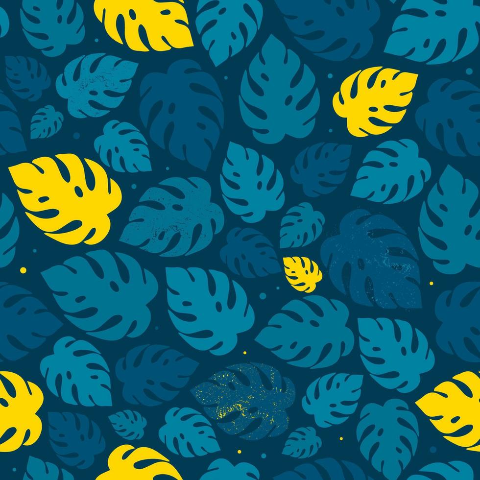 Cute seamless pattern with tropical mostera leaves on dark blue background. Wallpaper, wrapping paper, scrapbooking, stationary, textile and fabric print design. summer theme. EPS 10 vector