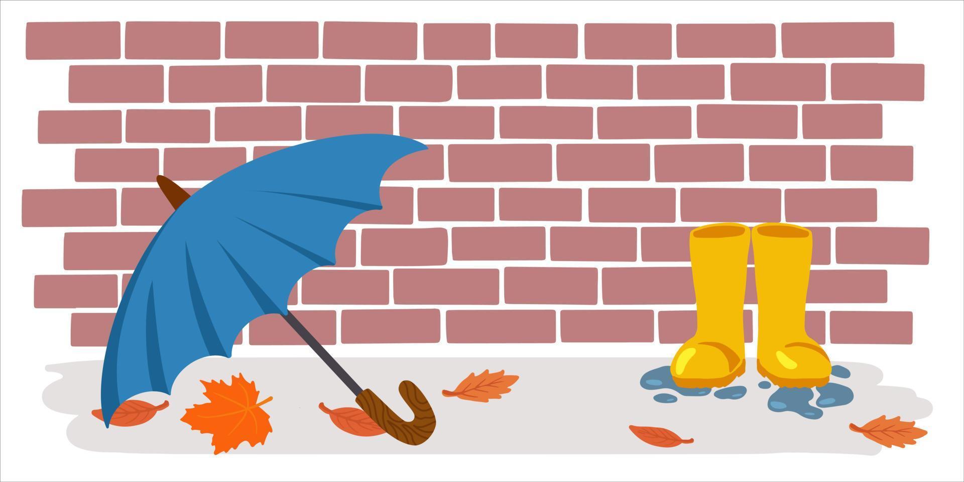 Umbrella and rubber boots on brick background. Template banner of rainy weather and autumn mood. Flat vector illustration