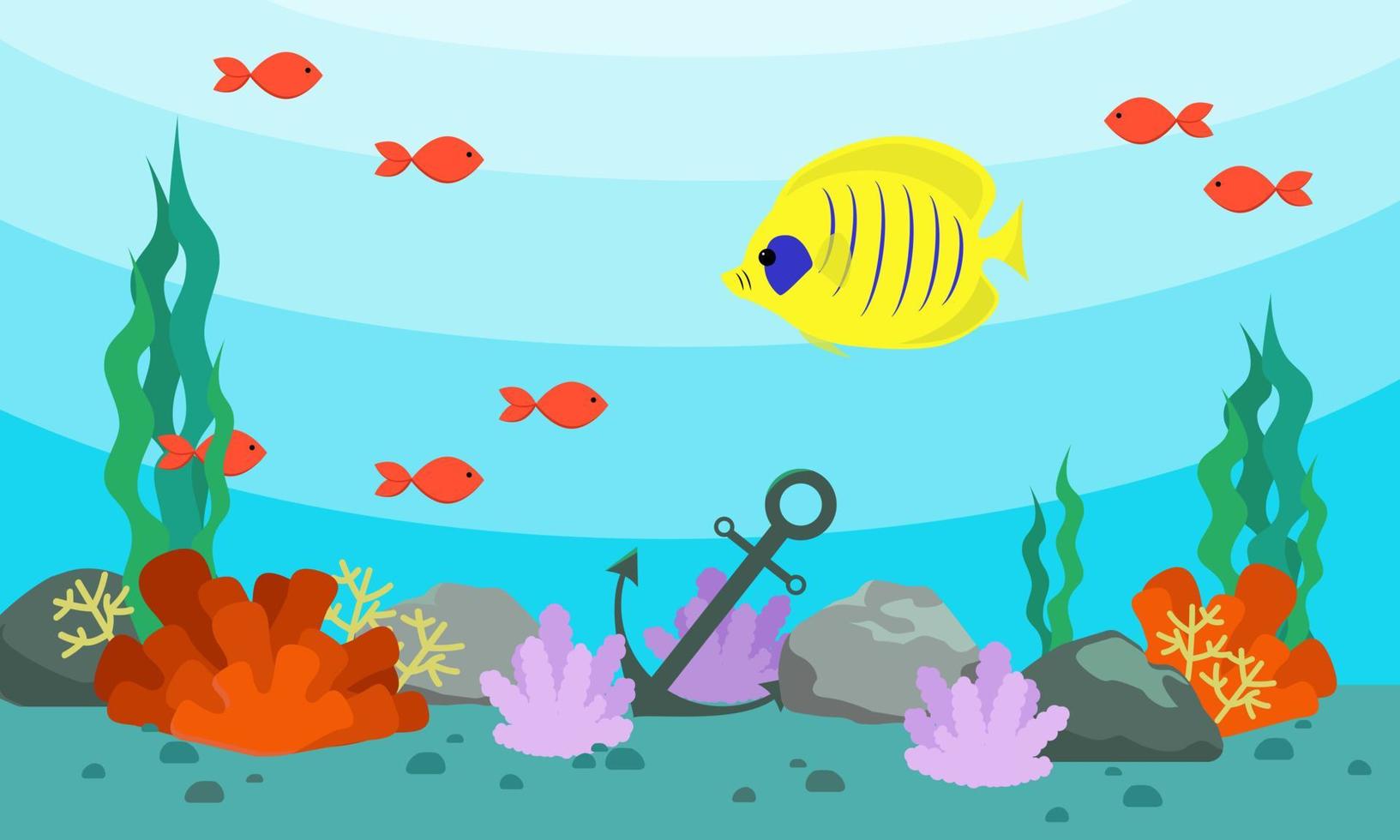 Cartoon underwater sea landscape with fishes and seaweed. Vector background. Flat design