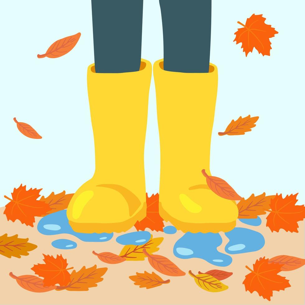 Legs in yellow rubber rain boots in a front view with water splashes and falling leaves. Concept of happy autumn weather. Vector illustration for cards, poster