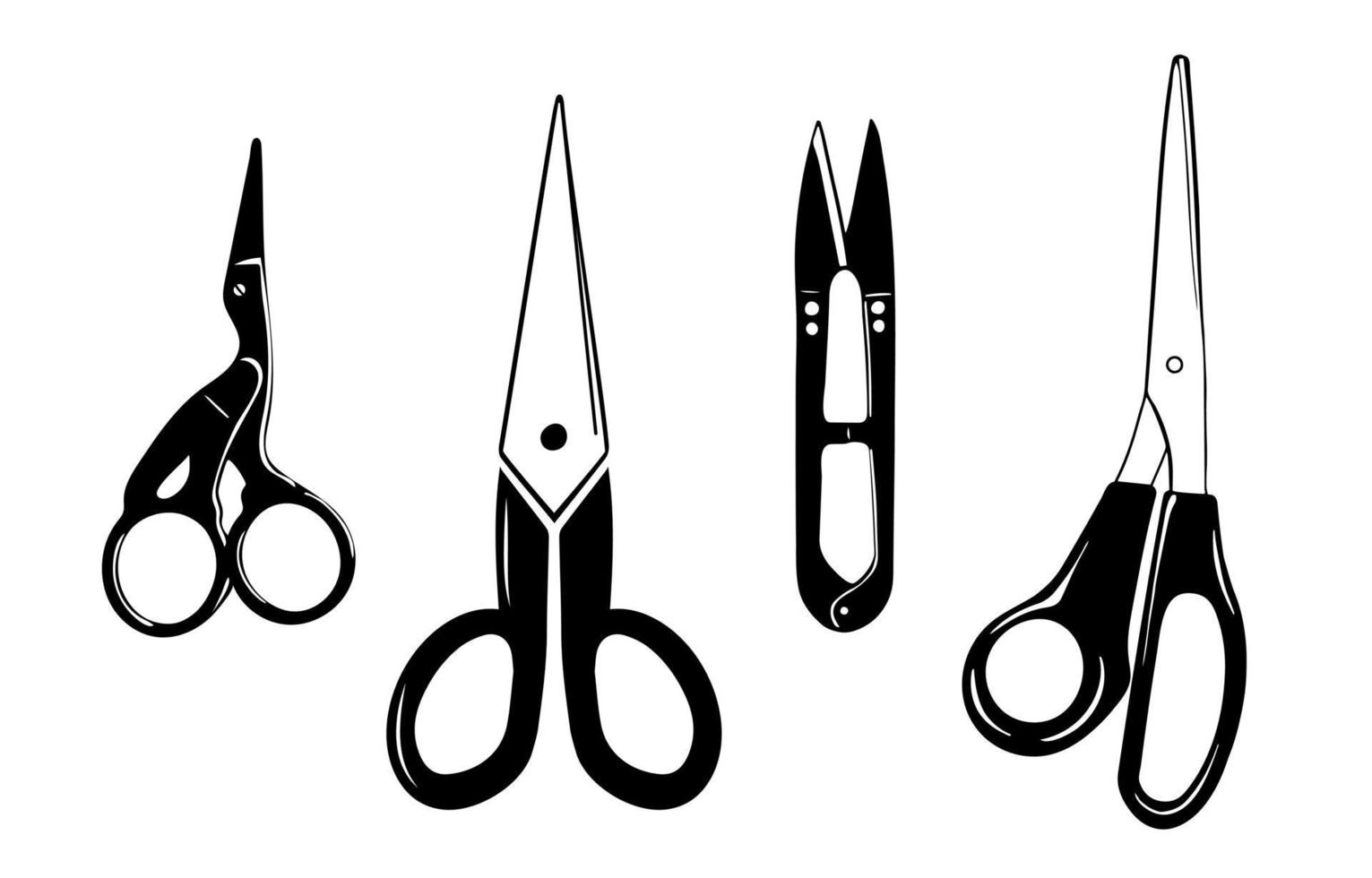 Set of tailor and embroidery scissors. Crane Small Scissors, snipper, fabric scissors isolated on white background. Vector silhouette.