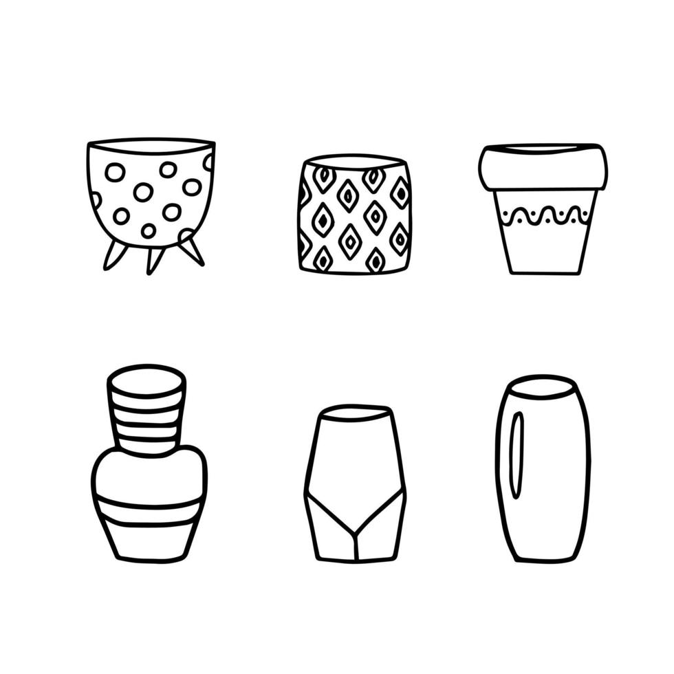 Set of flower pots and vases, interior objects outline vector sketch. Collection of hand drawn vintage plant pots and vases