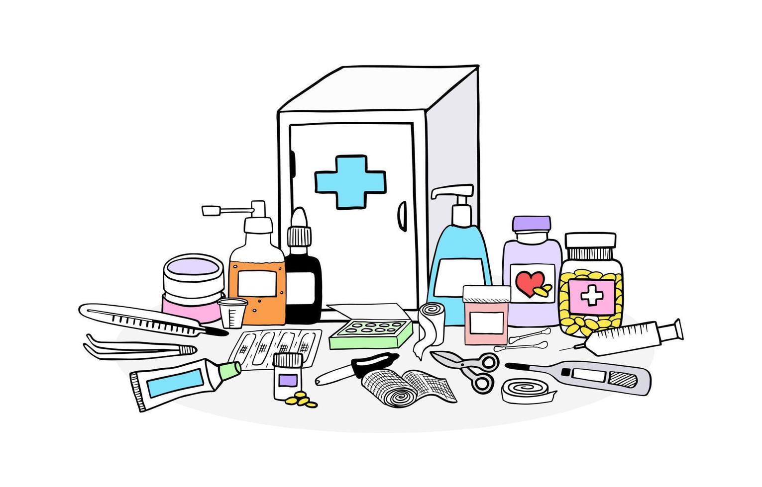 Medicine chest concept. Set of first aid elements vector
