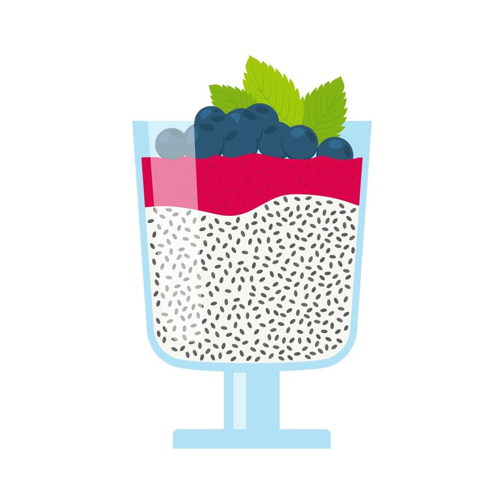 Chia seeds pudding with berry mousse and mint leaves. Isolated vector illustration