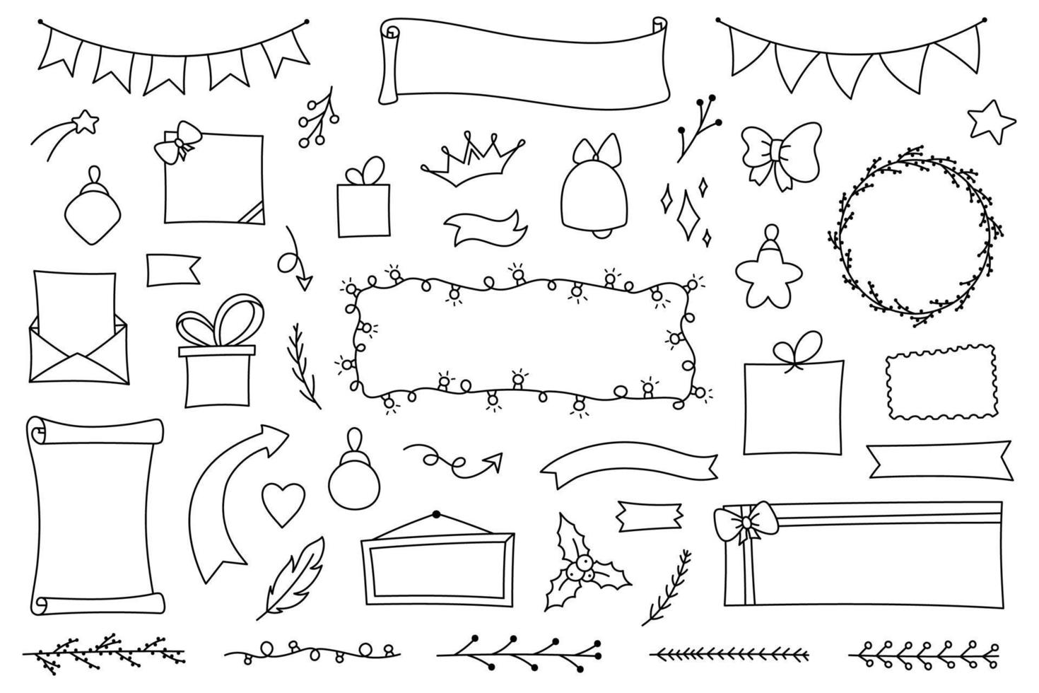 conjunto de navidad elementos dibujados a mano para diario, cuaderno y planificador en estilo doodle. calendario vectorial para estudio y trabajo. colección de marcos de decoración y pegatinas de líneas. lindo diseño de fondo vector