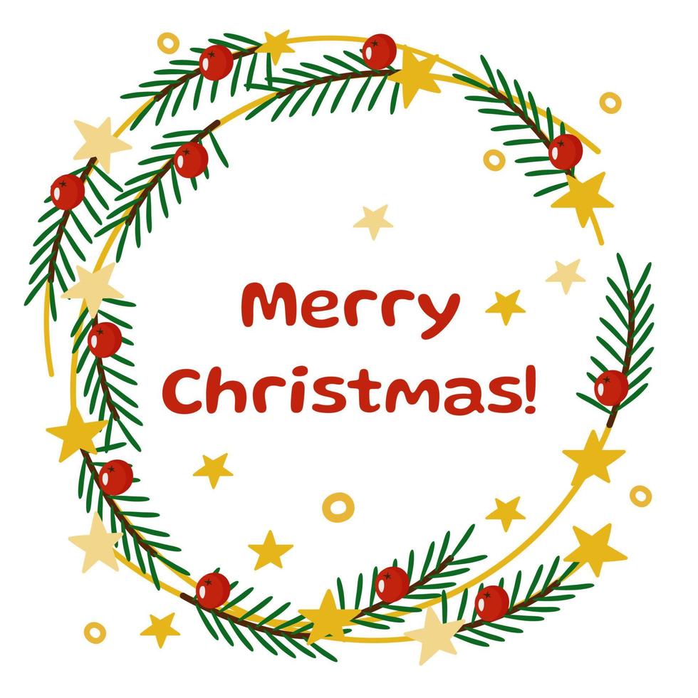A festive wreath with fir branches, red berries, stars and the inscription Merry Christmas. New Year vector illustration postcard