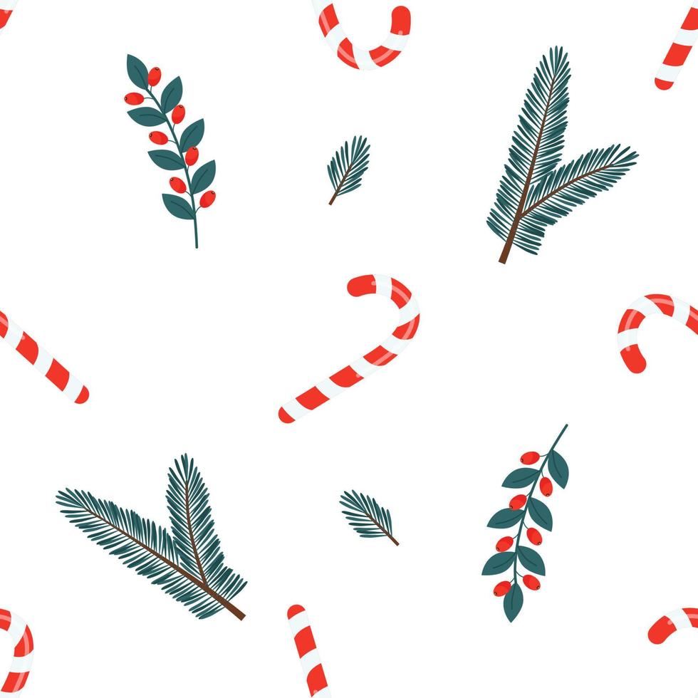 Christmas seamless pattern with fir branches, cane lollipops and red berries on a white background. Festive background for printing on paper, fabric, textiles, packaging. vector