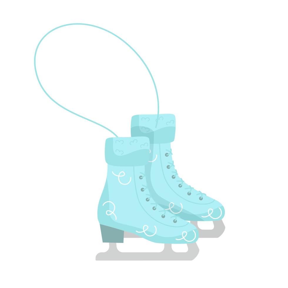 Figure skates for women, blue with fur, a beautiful pair. Cute vector illustration. For a holiday card, banner, menu, flyer, sports events.