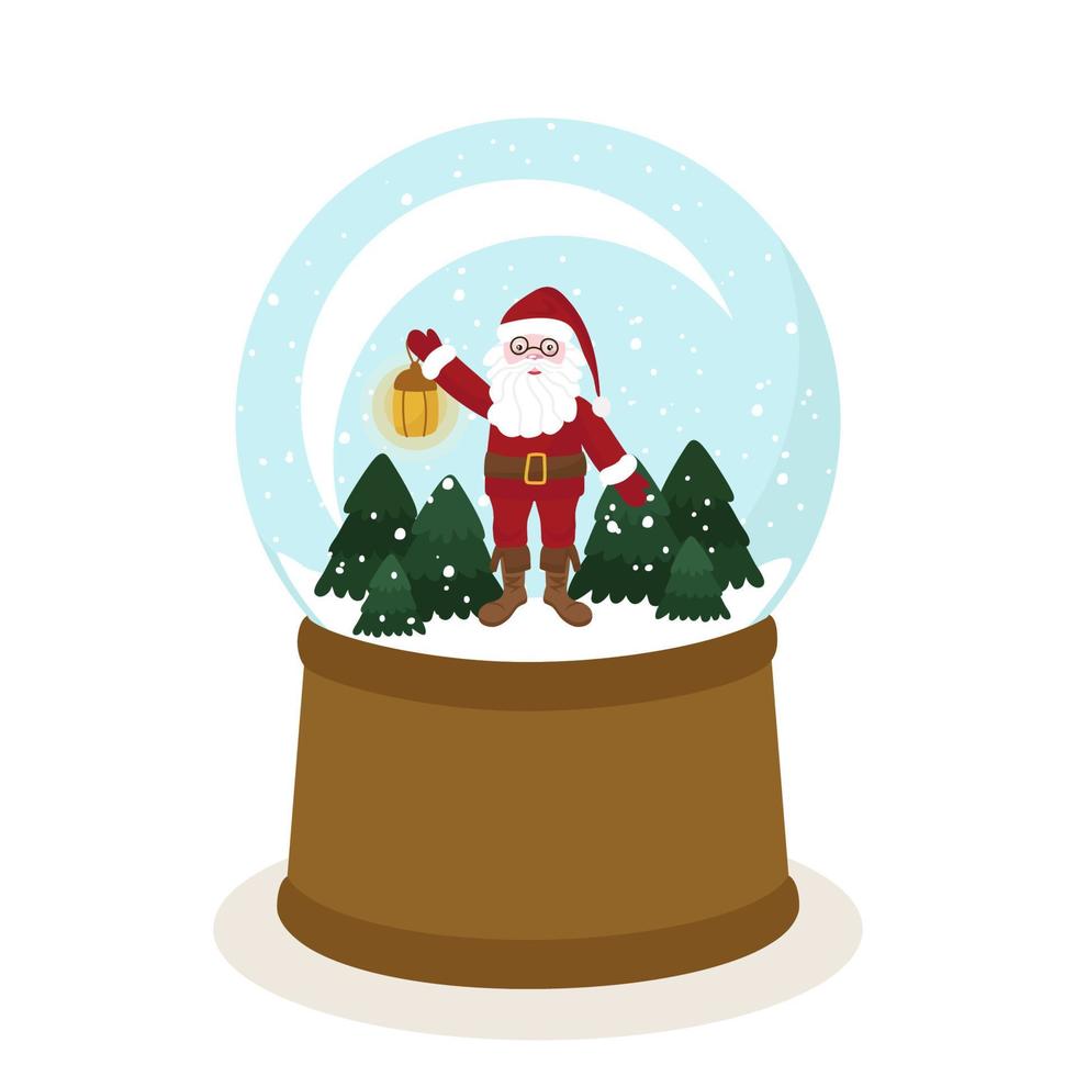 A snow glass ball is a souvenir with Santa Claus and Christmas trees. Winter holiday vector illustration. For postcards, design, decor, invitations, banners