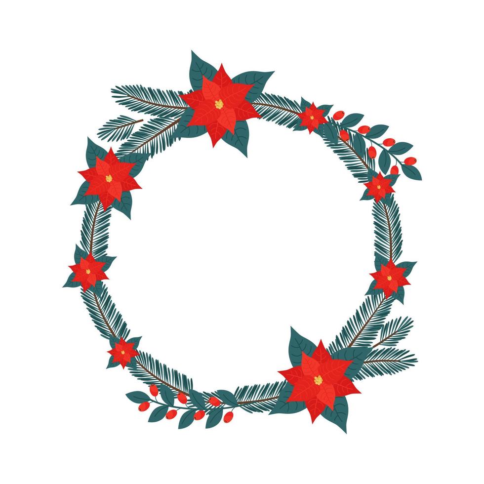 Christmas wreath with green fir branches, red winter berries and poinsettia. New Year vector illustration, postcard, banner, poster.