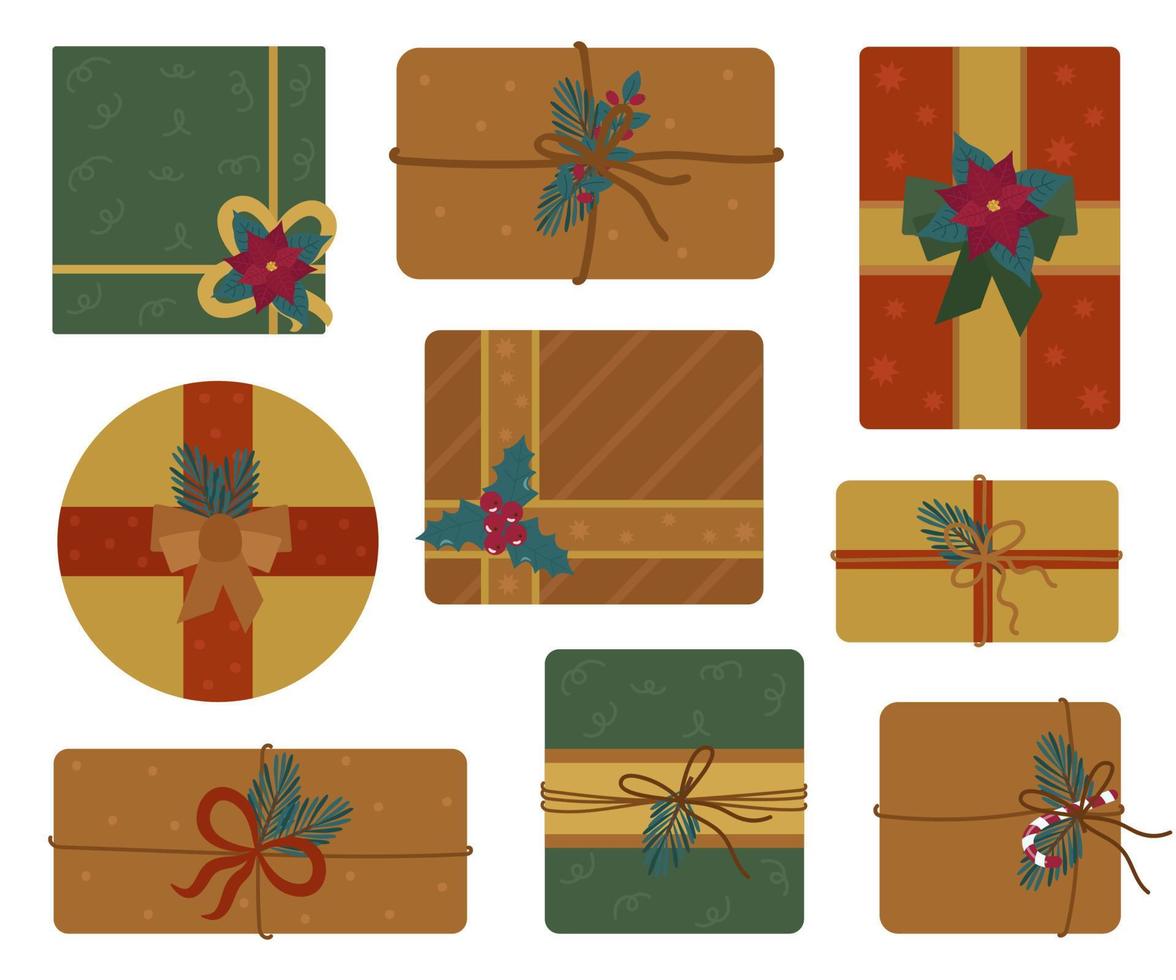 un conjunto de regalos de navidad, vista superior. atado con cintas, cordeles y decorado con ramas de abeto, lazos, bayas, poinsettia. vector festivo para postales, pancartas, diseño y decoración