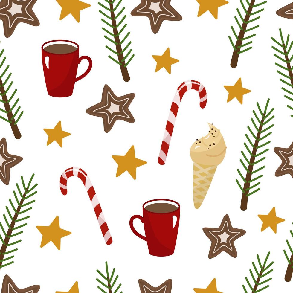 Christmas seamless pattern with ginger cookies, cocoa, lollipops, ice cream. Vector holiday illustration on a white background.