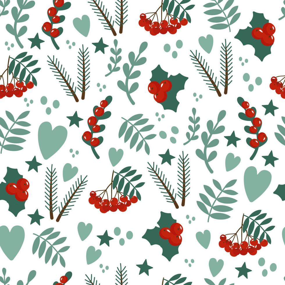 Winter new year seamless pattern with spruce branches, berries, Holly, Rowan. Vector holiday illustration.