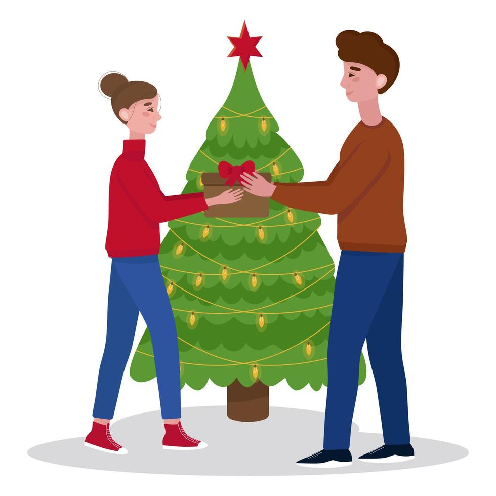 A girl gives a Christmas gift to her boyfriend. On the background of a decorated Christmas tree. They are dressed in warm sweaters, jeans and sneakers. Vector illustration in hand-drawn style.