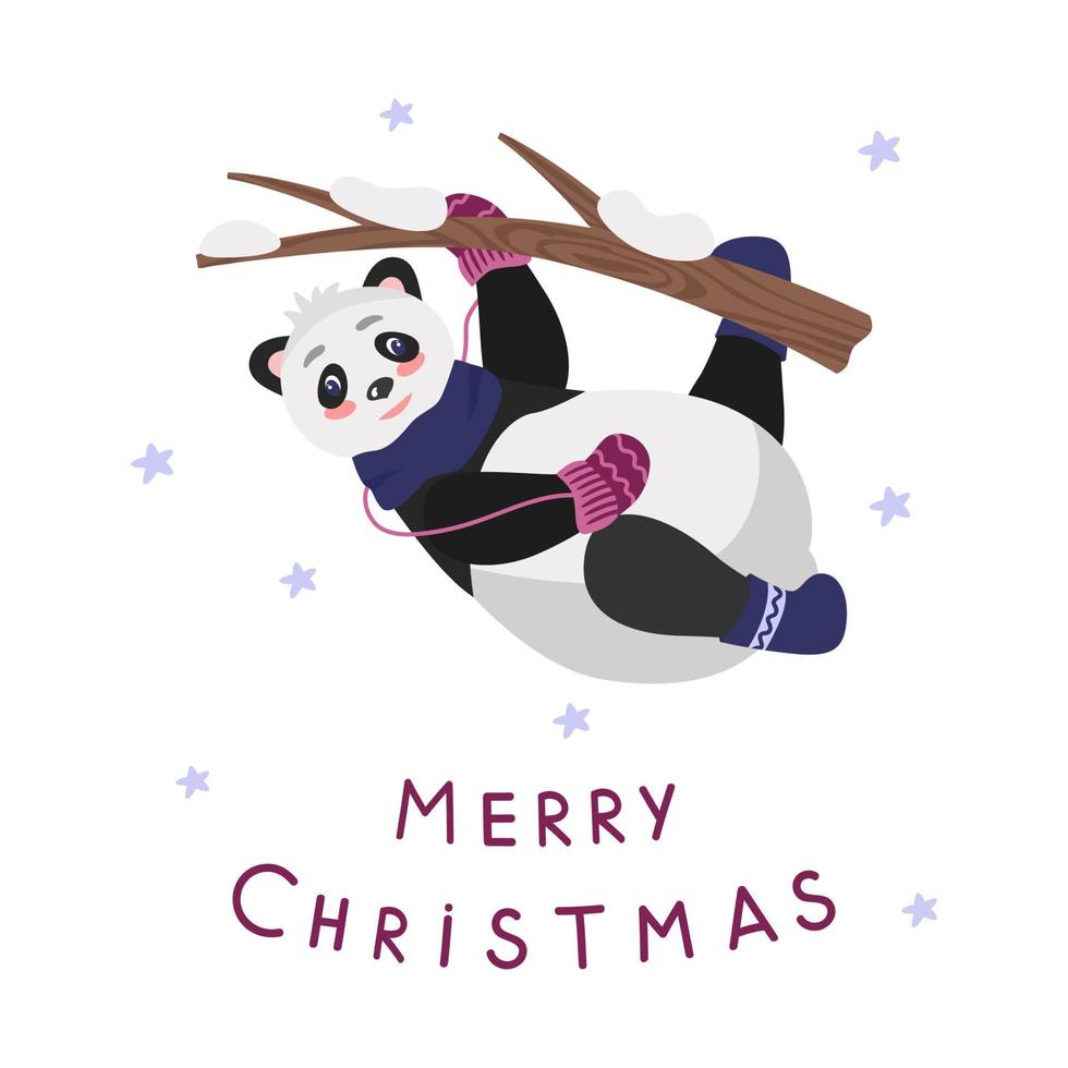 Merry Christmas, a postcard with a panda bear on a tree and an inscription. In warm winter clothes, mittens, scarf, felt boots. Vector illustration for design and decor, banner