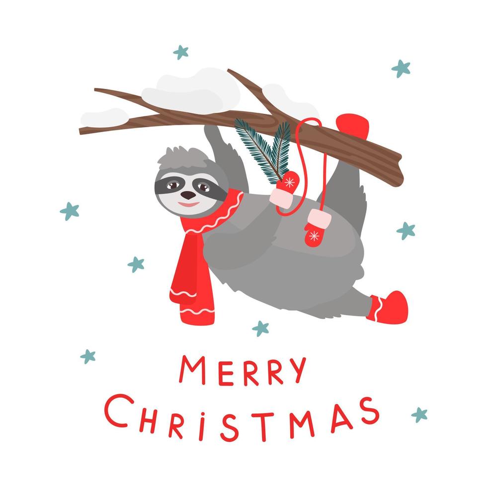 Merry Christmas, a postcard with a sloth on a tree and an inscription. In warm winter clothes, mittens, scarf, felt boots. Vector illustration for design and decor, banner