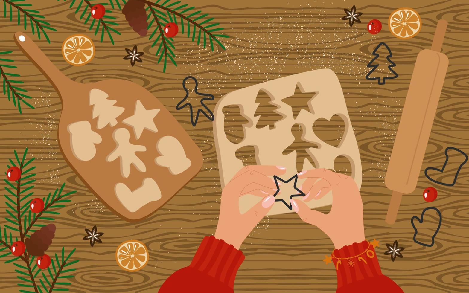 Baking Christmas cookies top view, flatley concept. Women's hands on the table with dough, molds, flour, a board and decor. Cones, poinsettia, berries, fir branches, sugar cane. Vector illustration