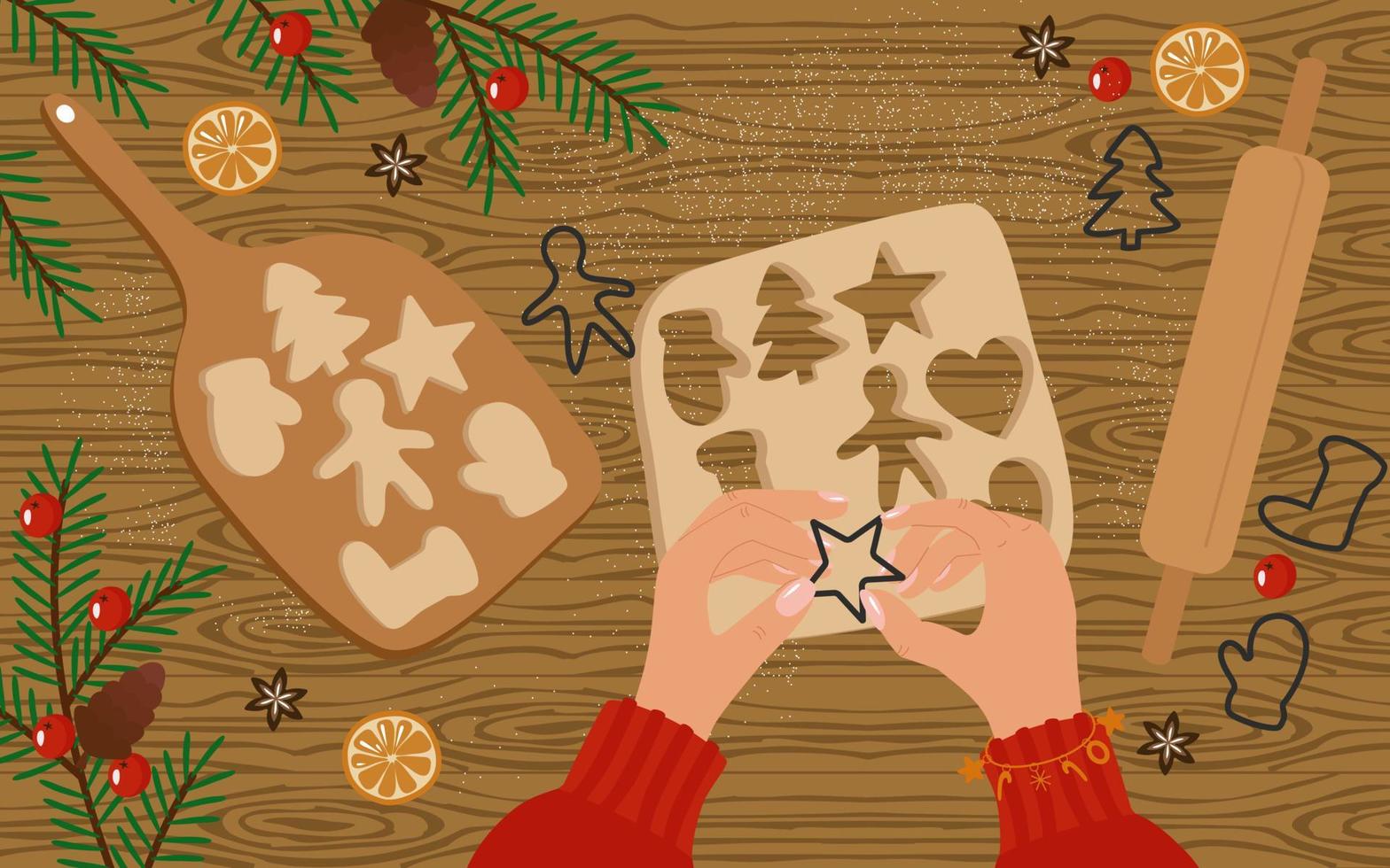 hornear galletas de navidad vista superior, concepto flatley. manos de mujer sobre la mesa con masa, moldes, harina, una tabla y decoración. conos, poinsettia, bayas, ramas de abeto, caña de azúcar. ilustración vectorial vector