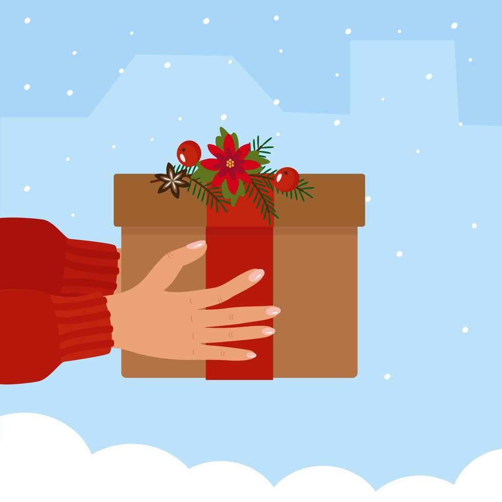 Giving gifts for Christmas is a concept. The hands of a woman with a festive box. Vector winter illustration on a snowy background, for postcards, internet, banners